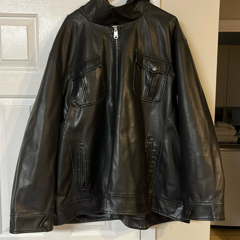 Black hooded leather material jacket